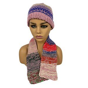 Hand-Knitted Multicolor Beanie & Scarf Set